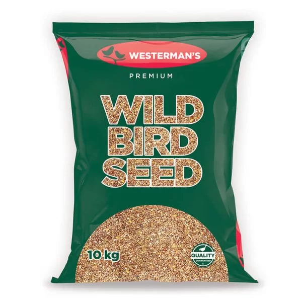 Westerman's premium wild bird seed for South African wild birds in 10kg bag of dark green and clear so the seed is visible.