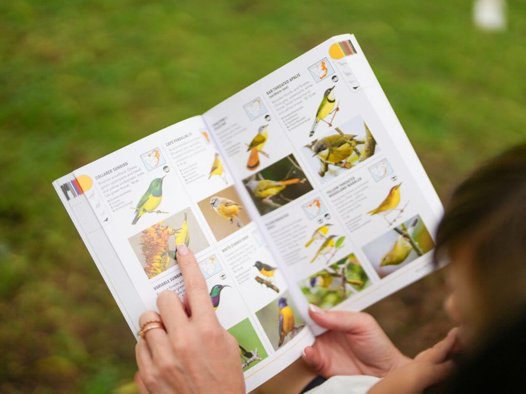 A person points to a sunbird in a detailed bird identification book open to colourful illustrations.
