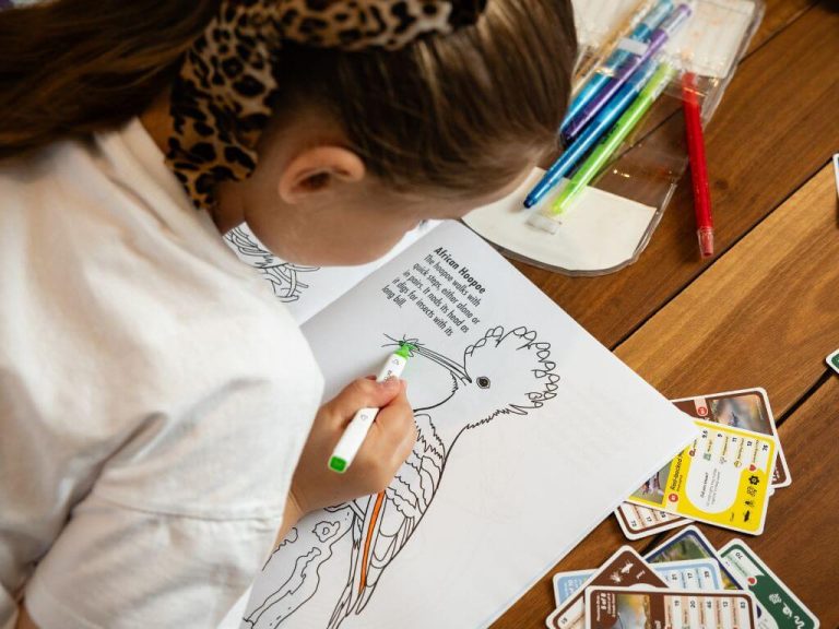 Child colouring a drawing of an African Hoopoe in a bird-themed activity book with markers on a table